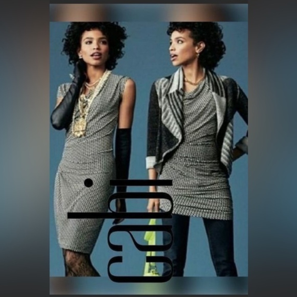 CAbi Monroe Black & White Geometric Print Drape Neck Ruched Jersey Knit Dress
